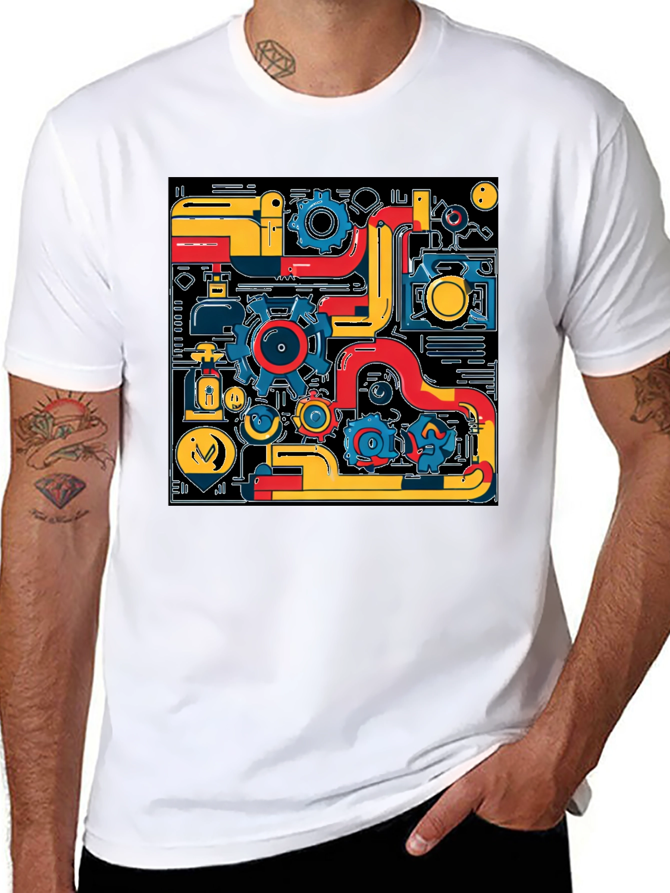 Abstract Tech Gear Graphic Print Black T-Shirt