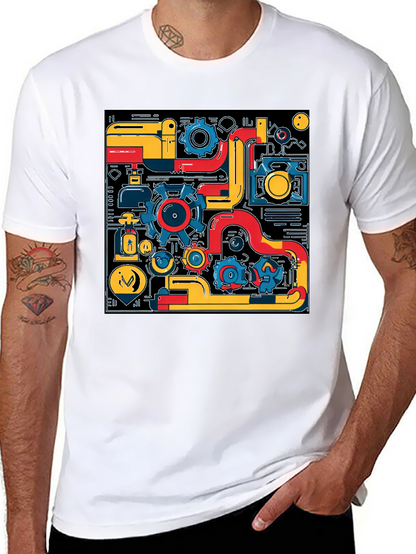 Abstract Tech Gear Graphic Print Black T-Shirt