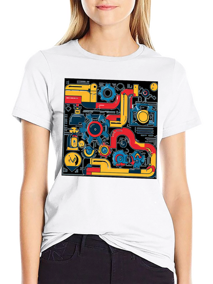 Abstract Tech Gear Graphic Print Black T-Shirt