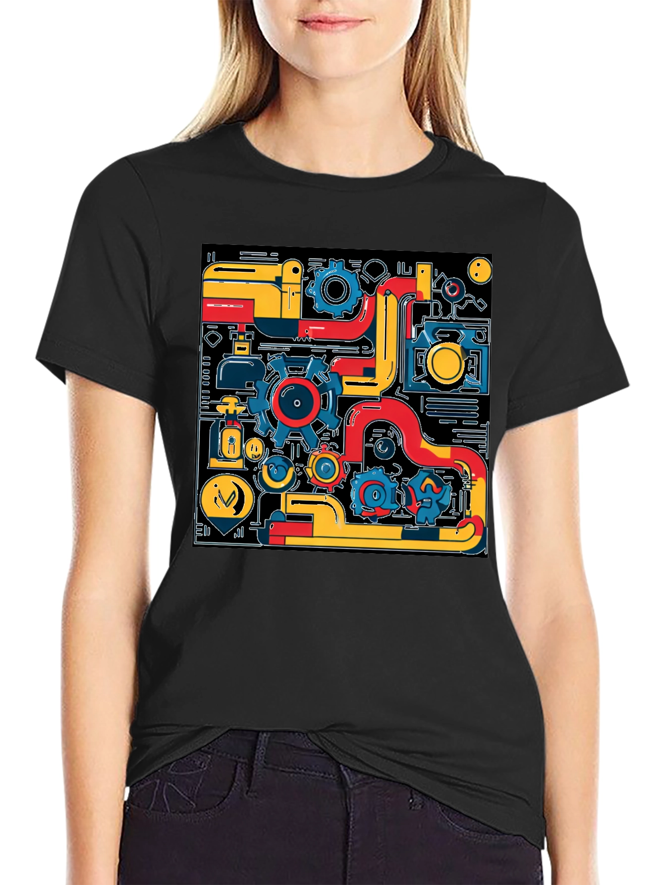 Abstract Tech Gear Graphic Print Black T-Shirt