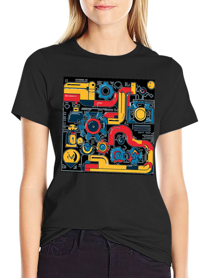 Abstract Tech Gear Graphic Print Black T-Shirt