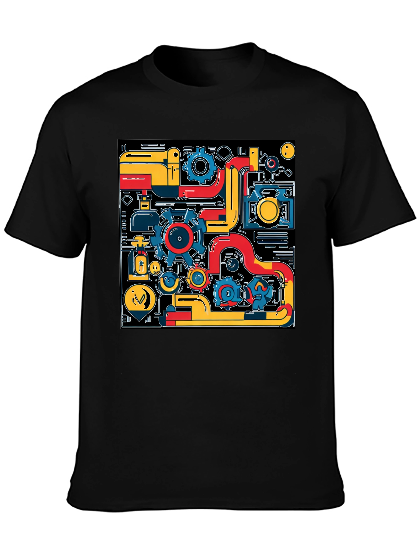 Abstract Tech Gear Graphic Print Black T-Shirt