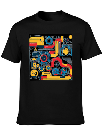 Abstract Tech Gear Graphic Print Black T-Shirt