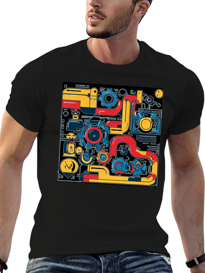 Abstract Tech Gear Graphic Print Black T-Shirt