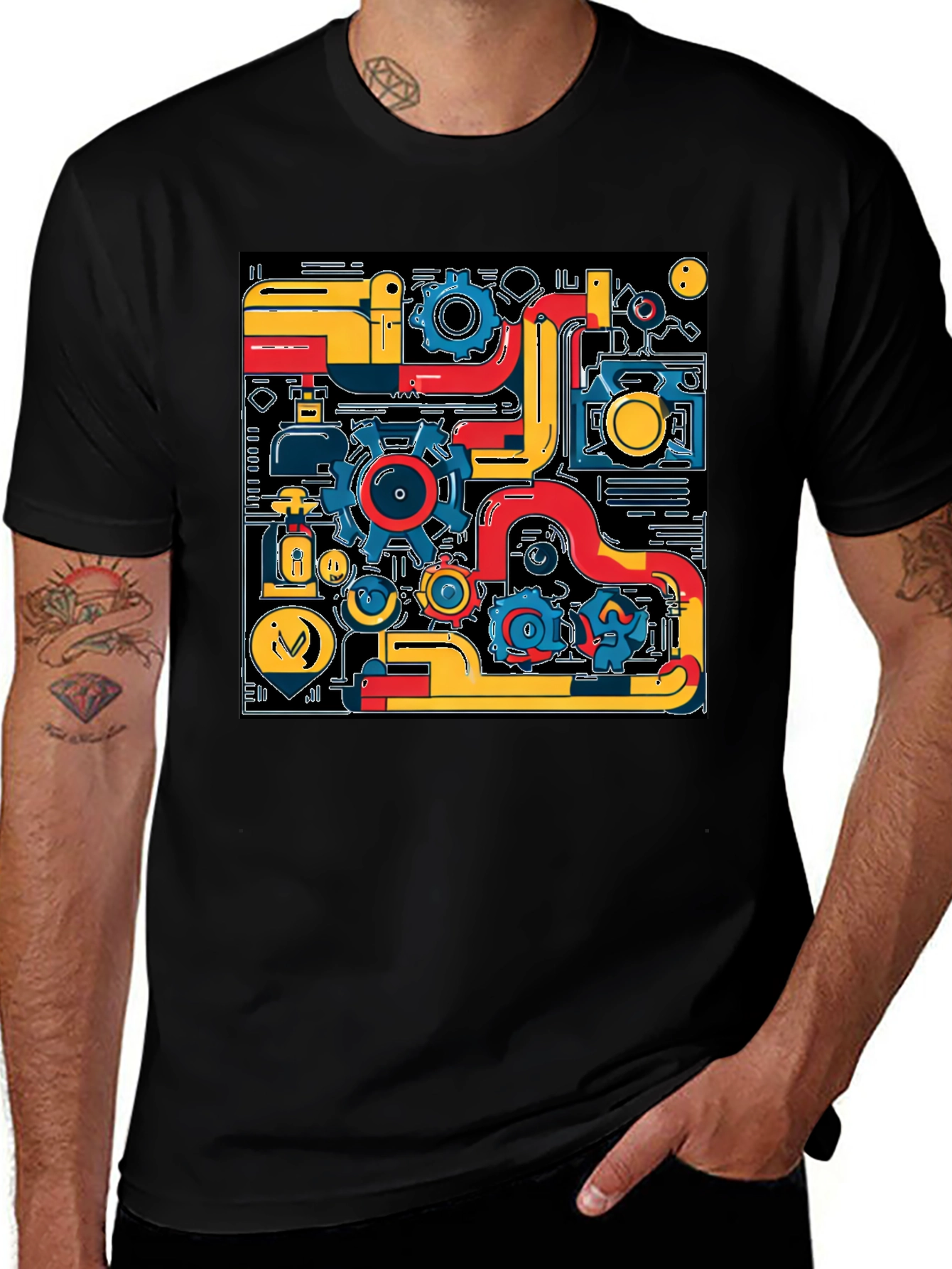 Abstract Tech Gear Graphic Print Black T-Shirt