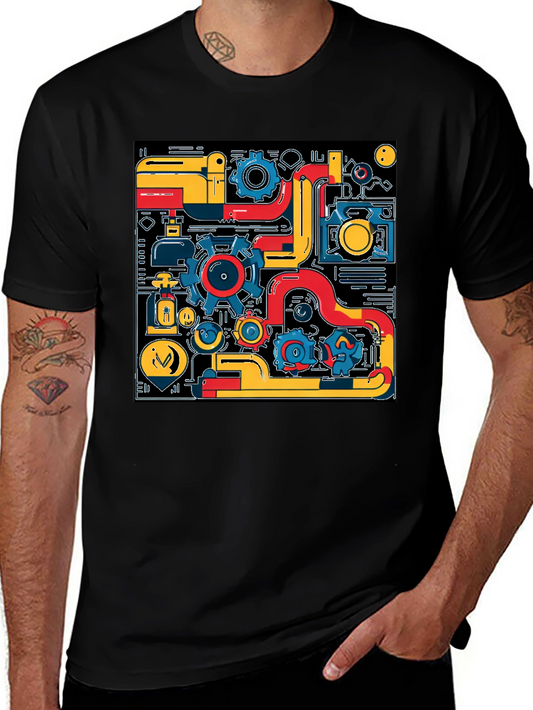 Abstract Tech Gear Graphic Print Black T-Shirt