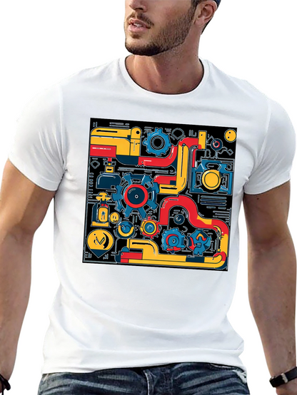 Abstract Tech Gear Graphic Print Black T-Shirt