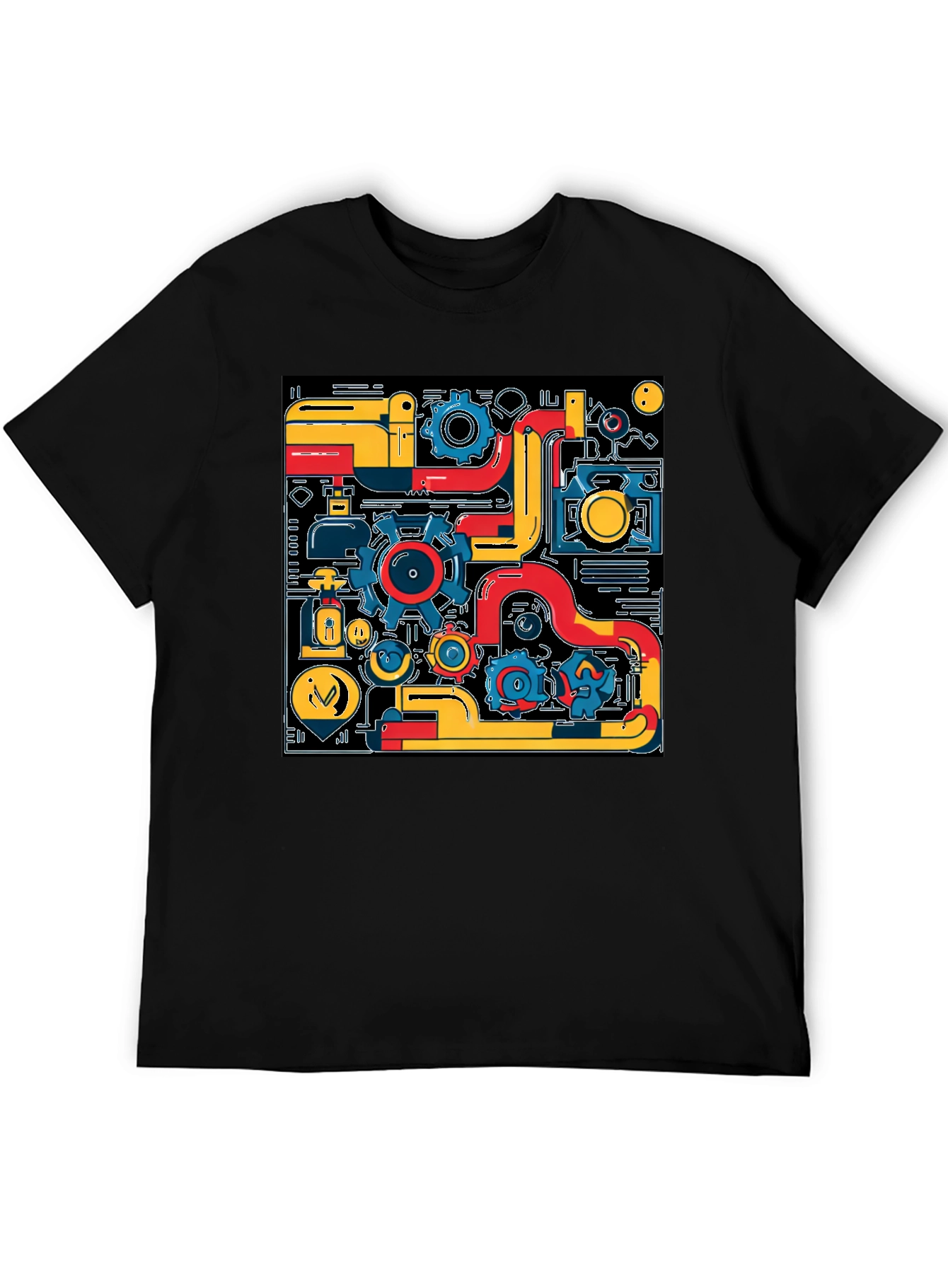 Abstract Tech Gear Graphic Print Black T-Shirt