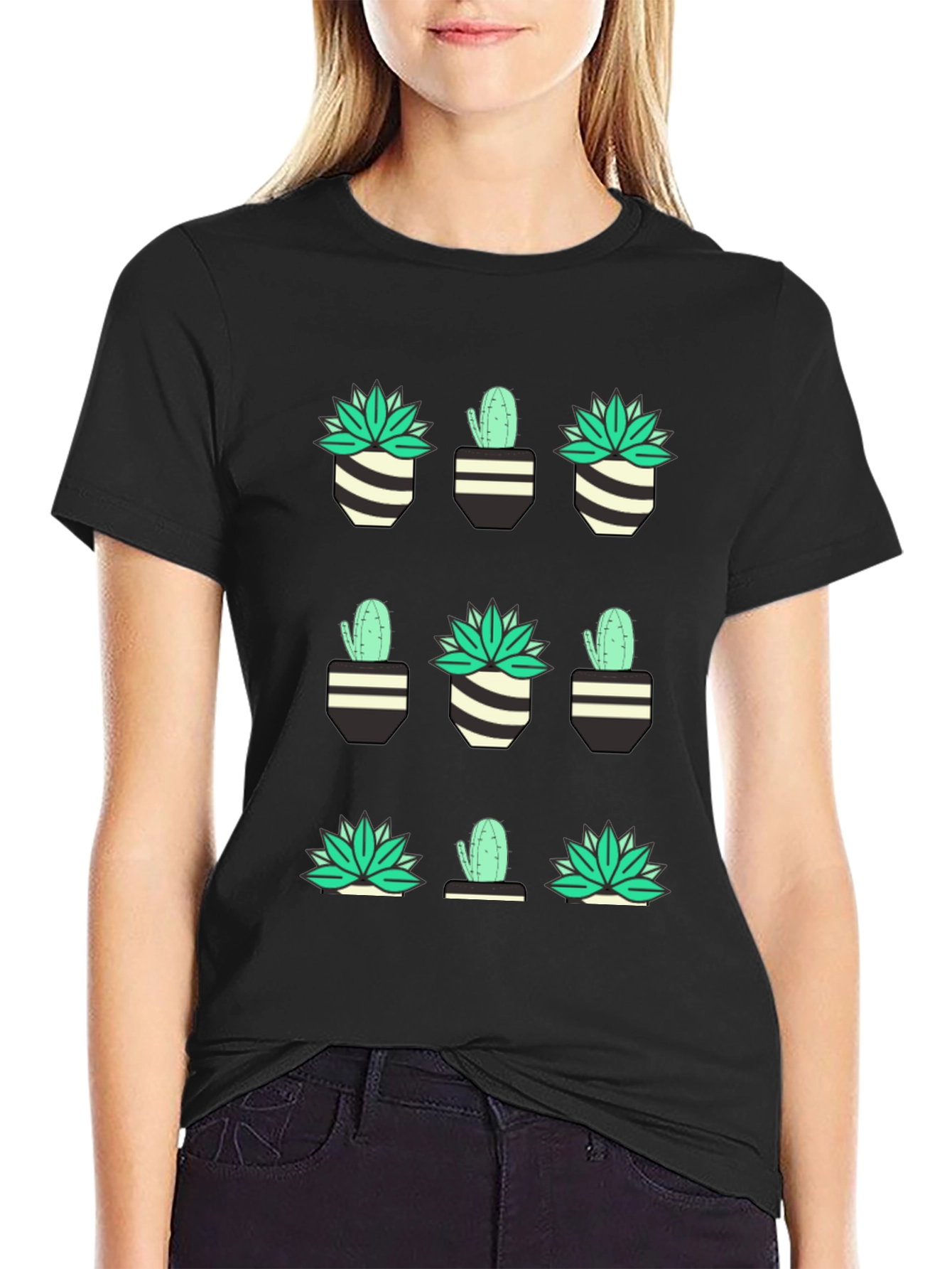 Cactus & Succulent Print Black T-Shirt