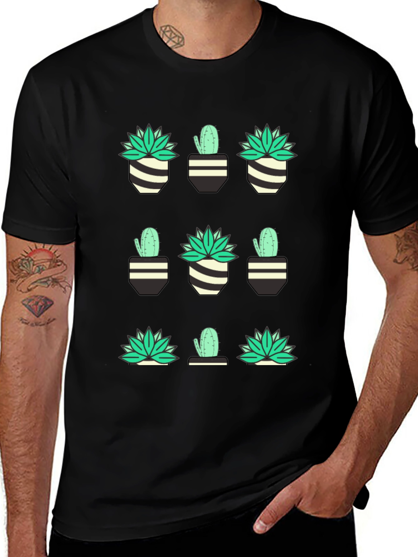 Cactus & Succulent Print Black T-Shirt