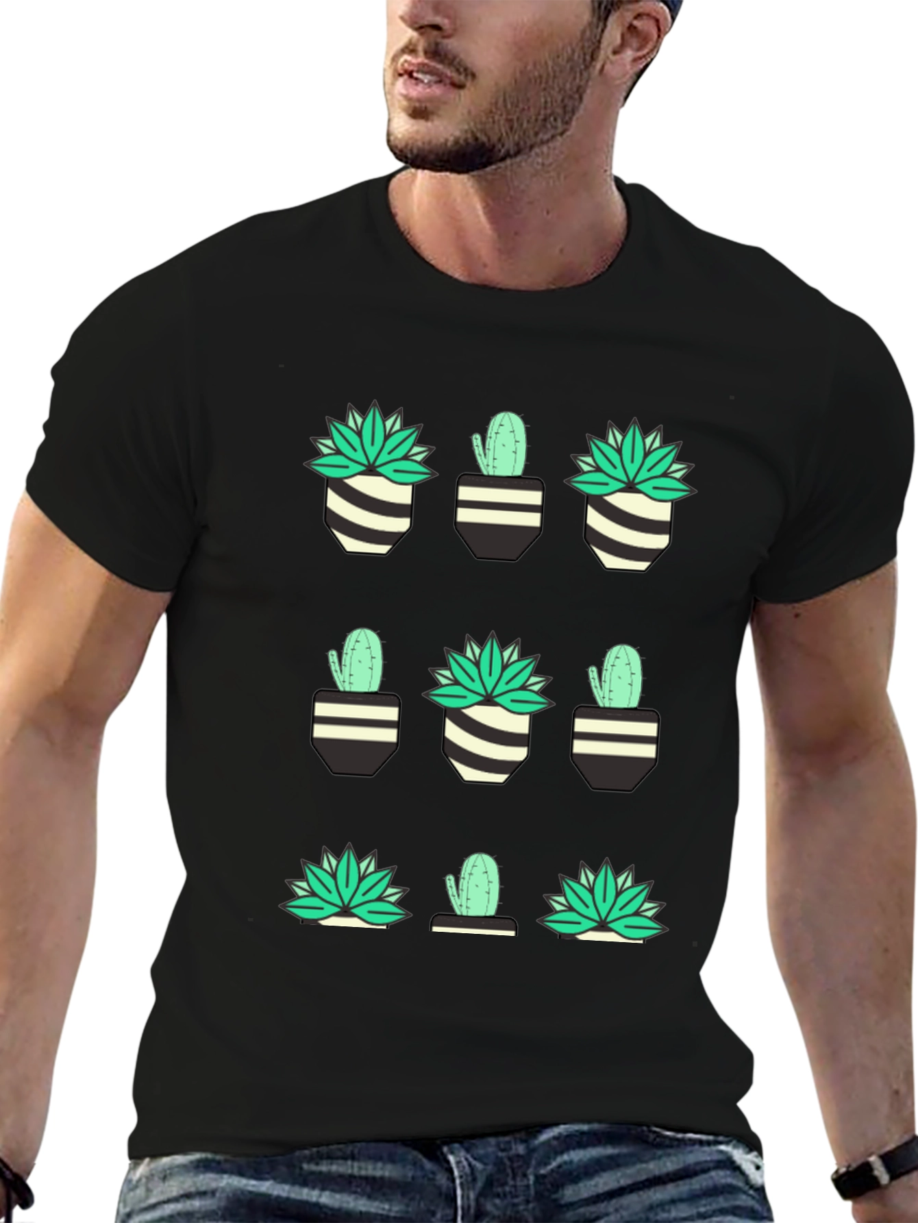 Cactus & Succulent Print Black T-Shirt