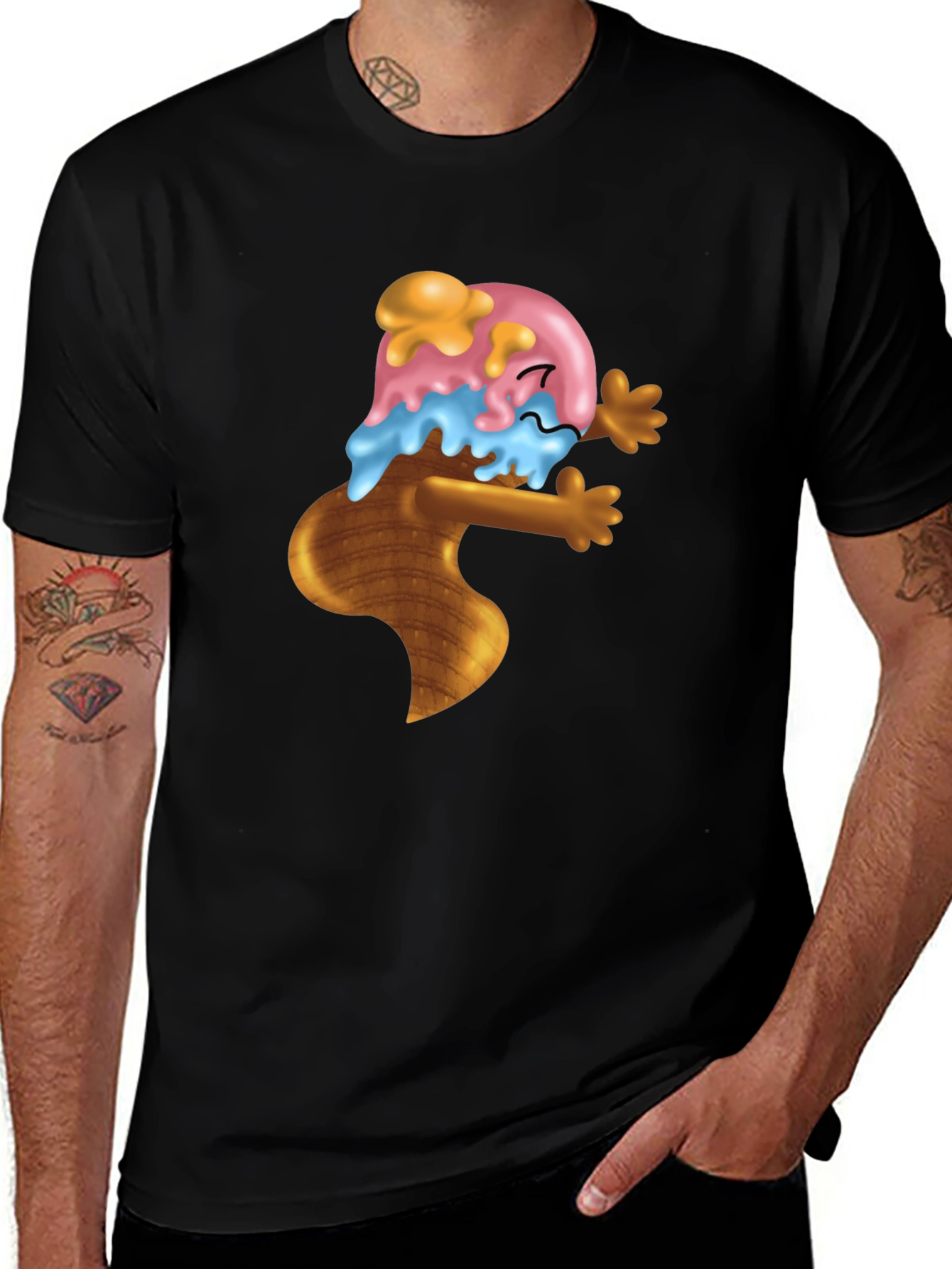 Ice Cream Cone Cartoon Graphic Black T-Shirt