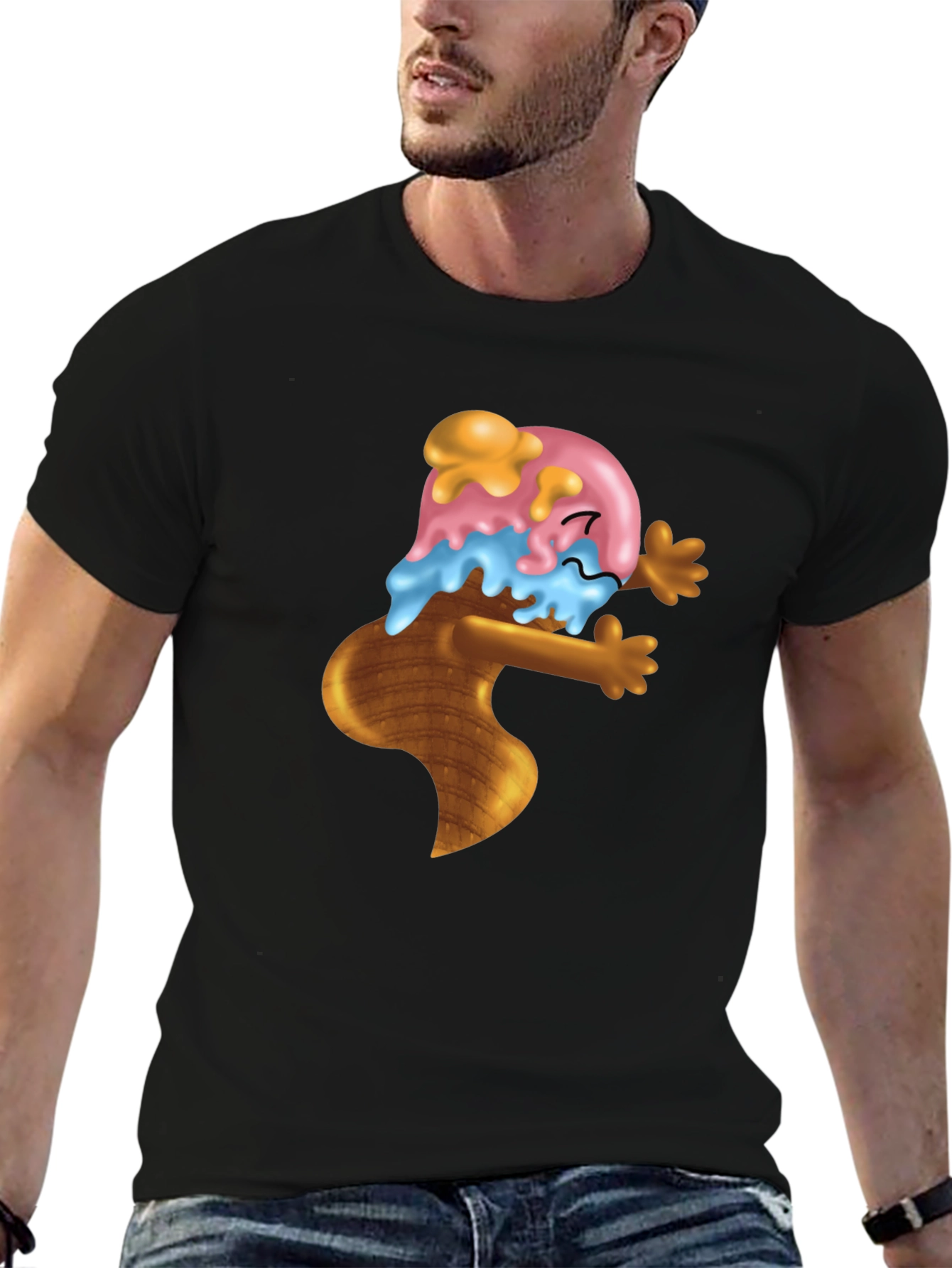 Ice Cream Cone Cartoon Graphic Black T-Shirt