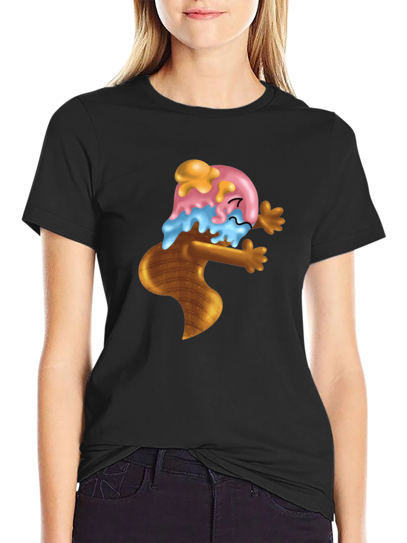 Ice Cream Cone Cartoon Graphic Black T-Shirt