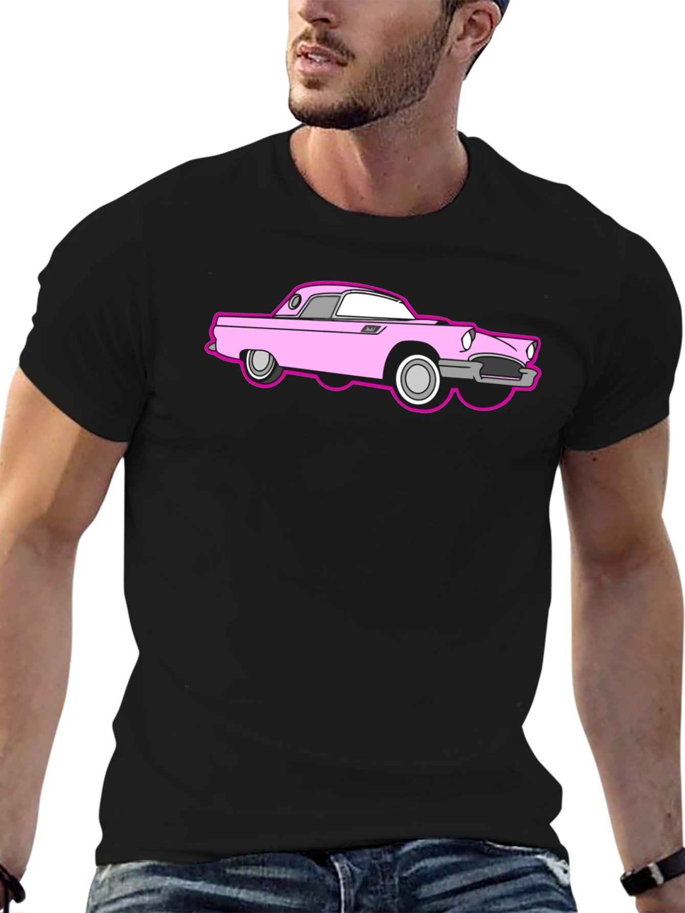 Pink Car Graphic Black T-Shirt