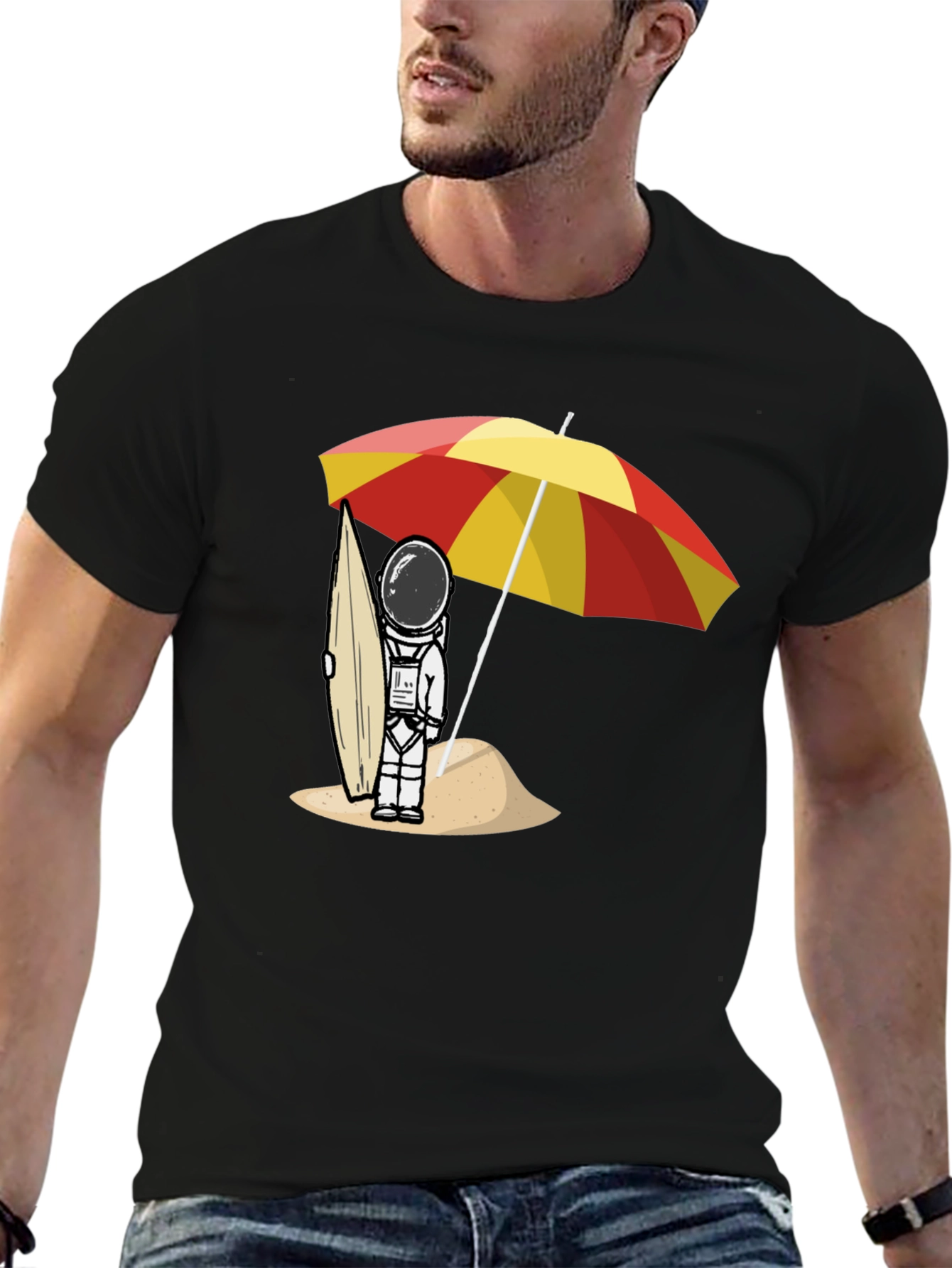 Astronaut Beach T-Shirt - Relaxed Fit Black Cotton Tee