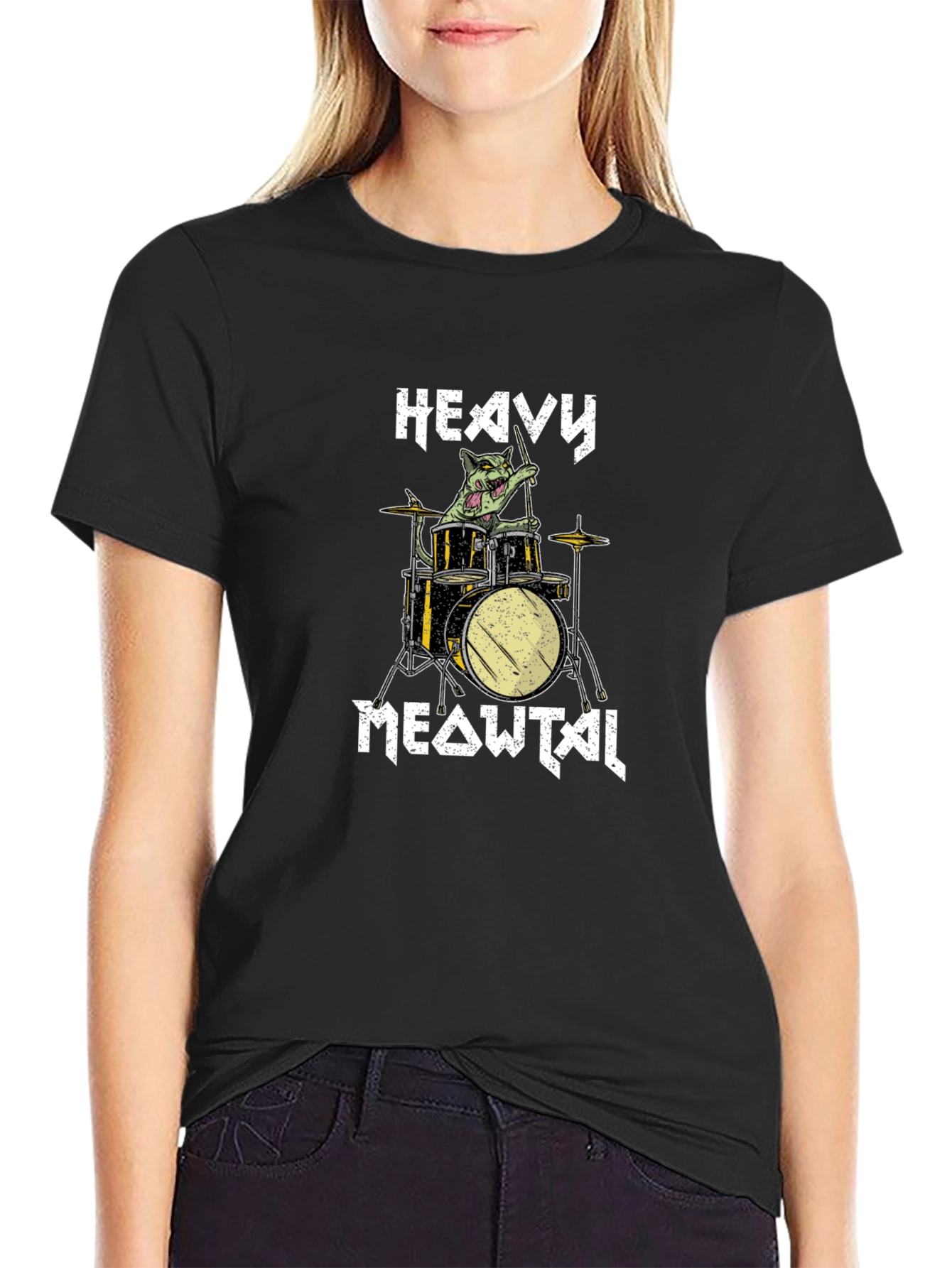 Heavy Meowtal Drummer Cat Graphic T-Shirt