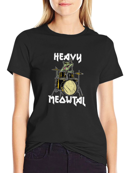 Heavy Meowtal Drummer Cat Graphic T-Shirt