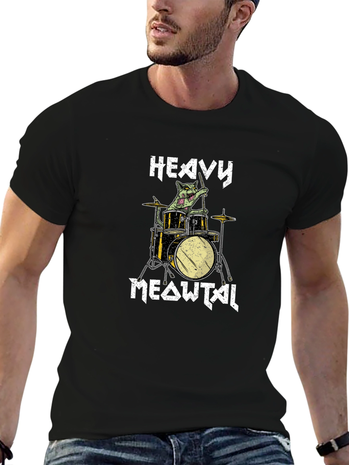 Heavy Meowtal Drummer Cat Graphic T-Shirt
