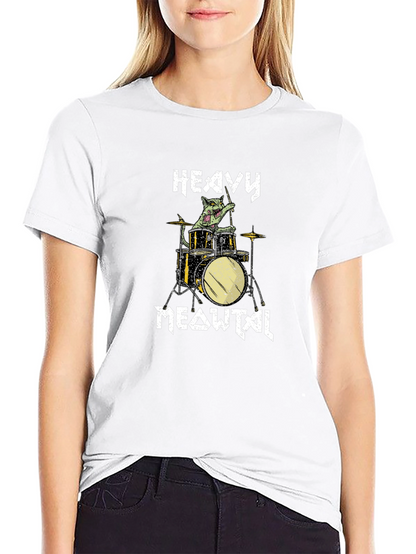 Heavy Meowtal Drummer Cat Graphic T-Shirt