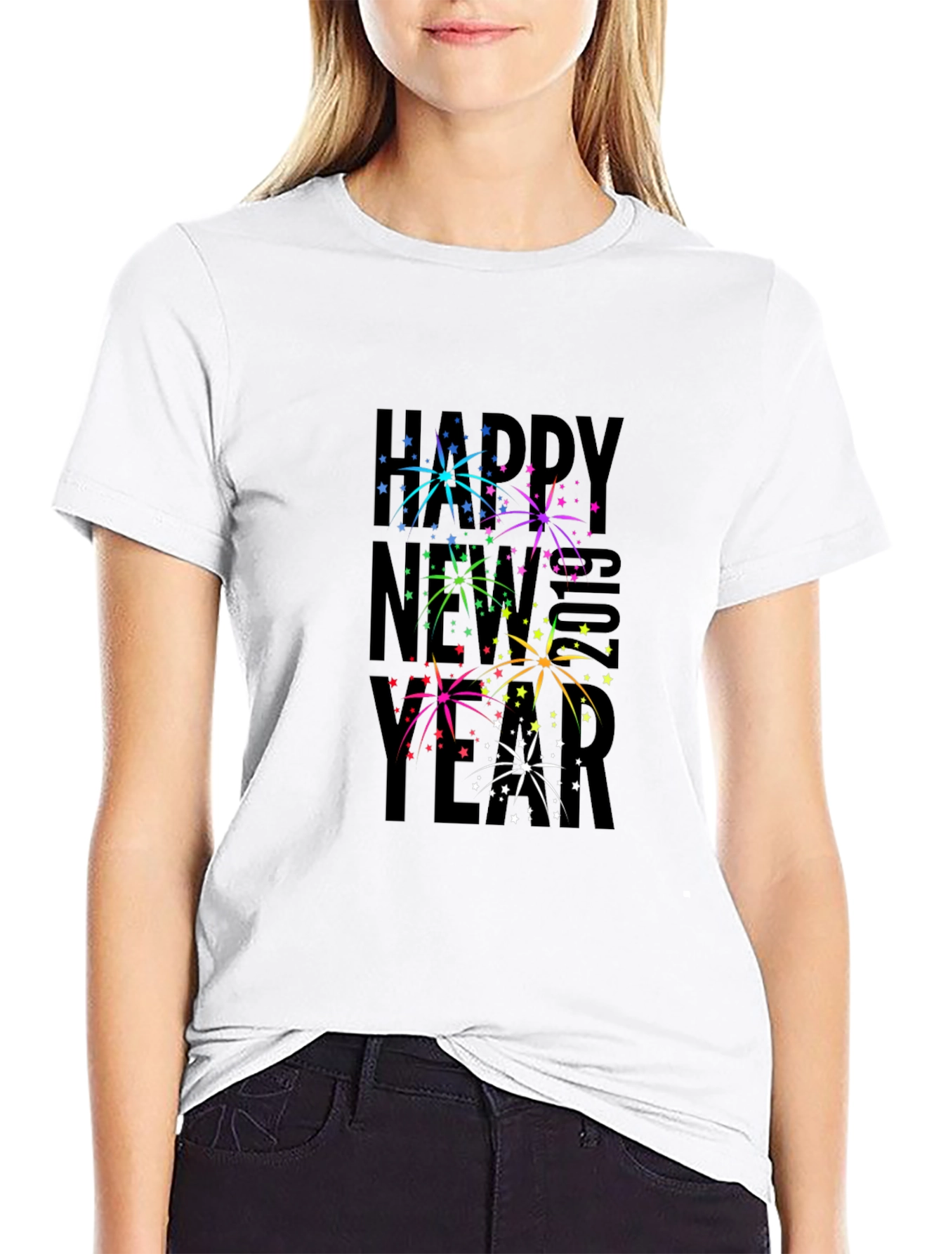 Festive New Year Fireworks Graphic Tee - Black