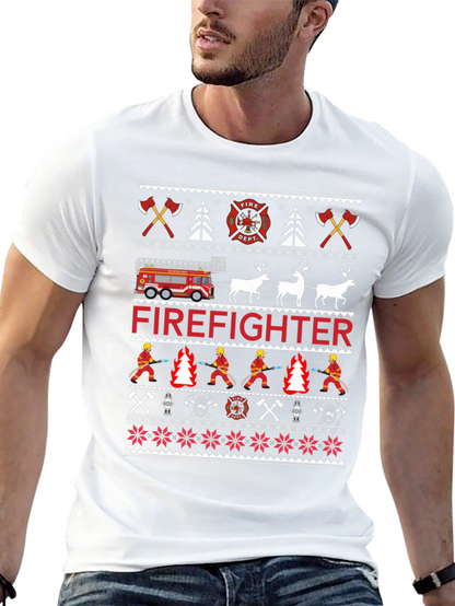 Firefighter Christmas Ugly Sweater Style T-Shirt