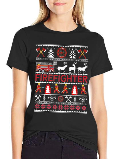 Firefighter Christmas Ugly Sweater Style T-Shirt