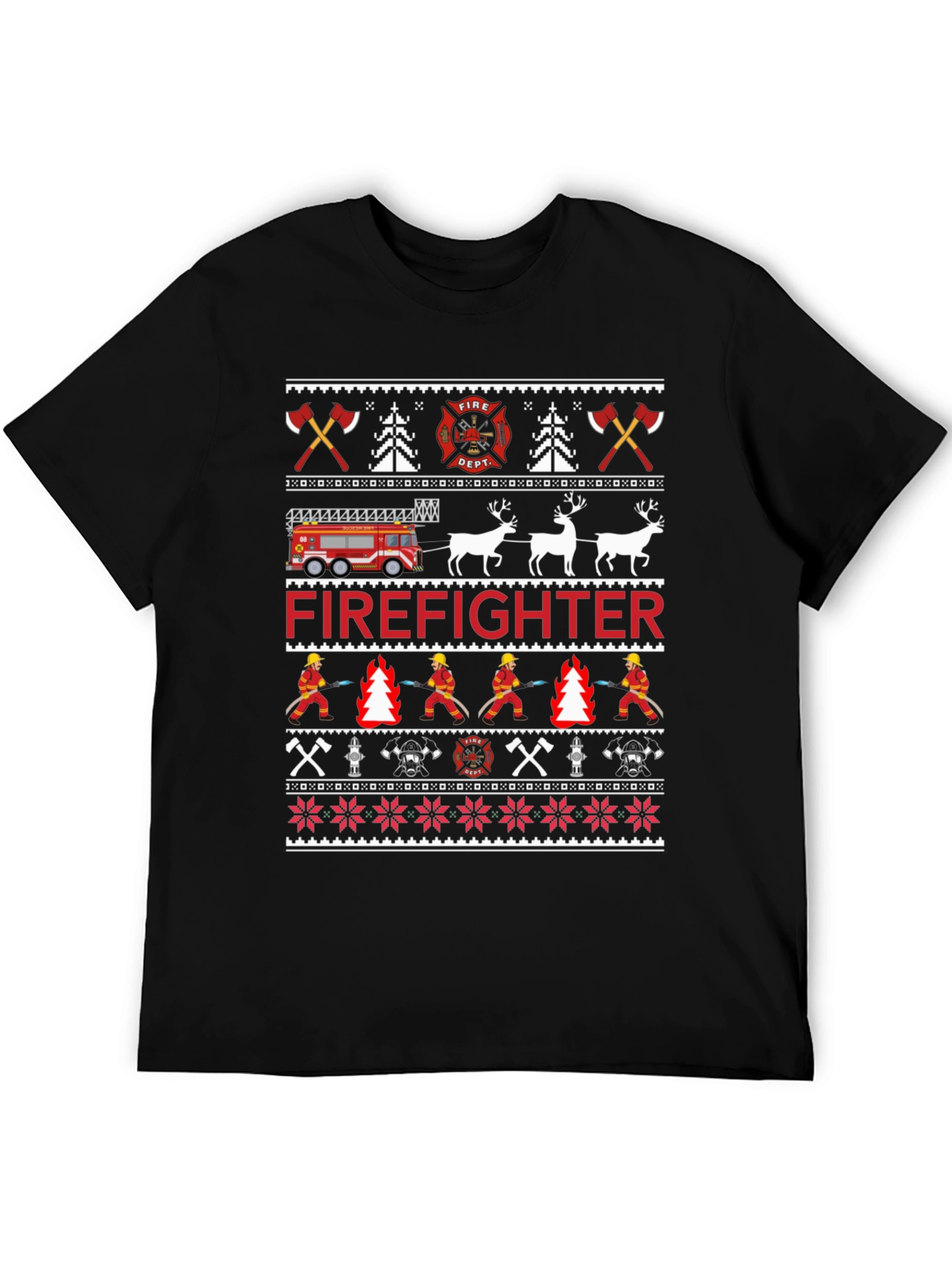 Firefighter Christmas Ugly Sweater Style T-Shirt