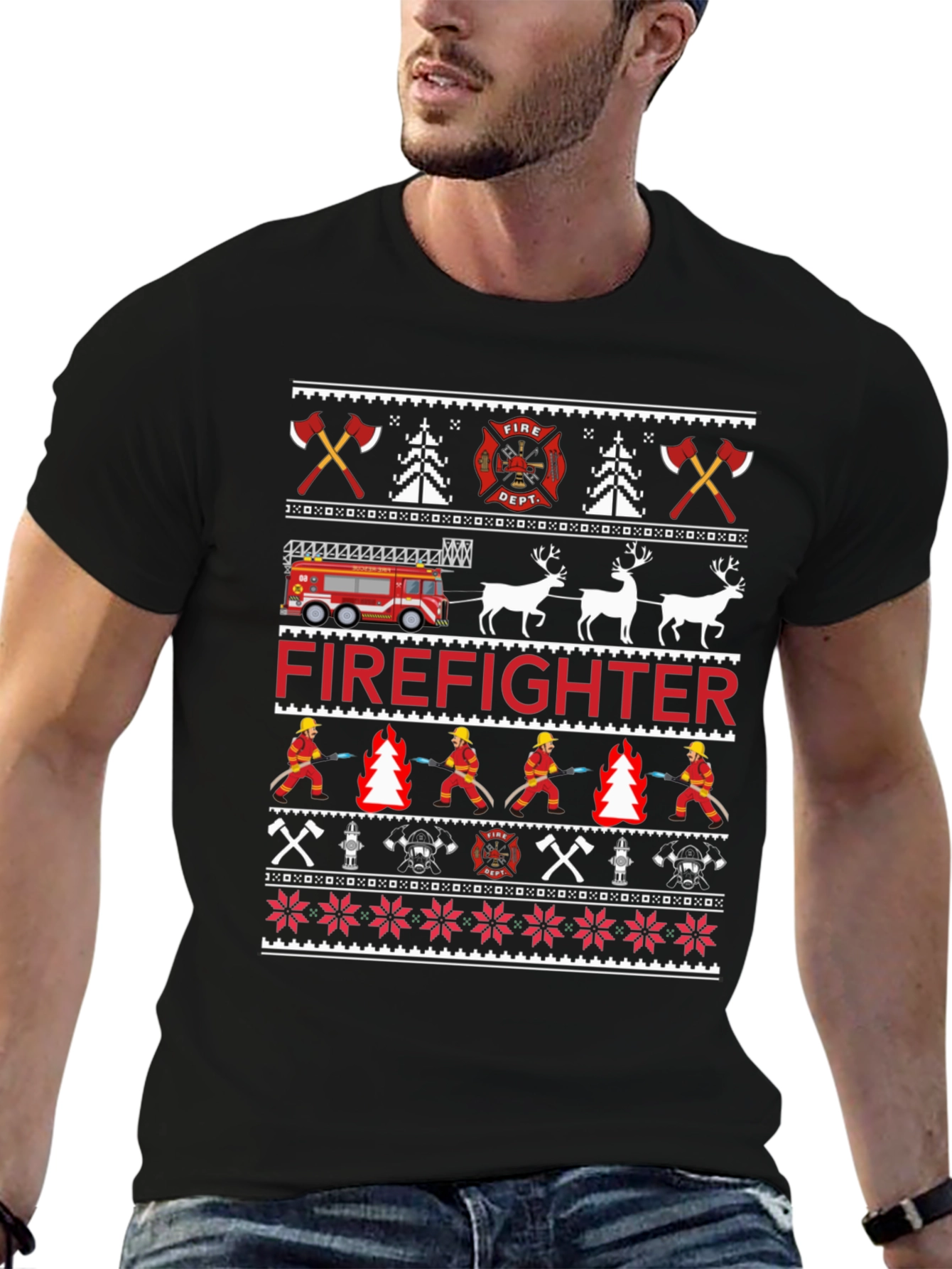 Firefighter Christmas Ugly Sweater Style T-Shirt
