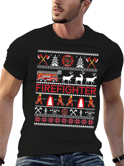 Firefighter Christmas Ugly Sweater Style T-Shirt