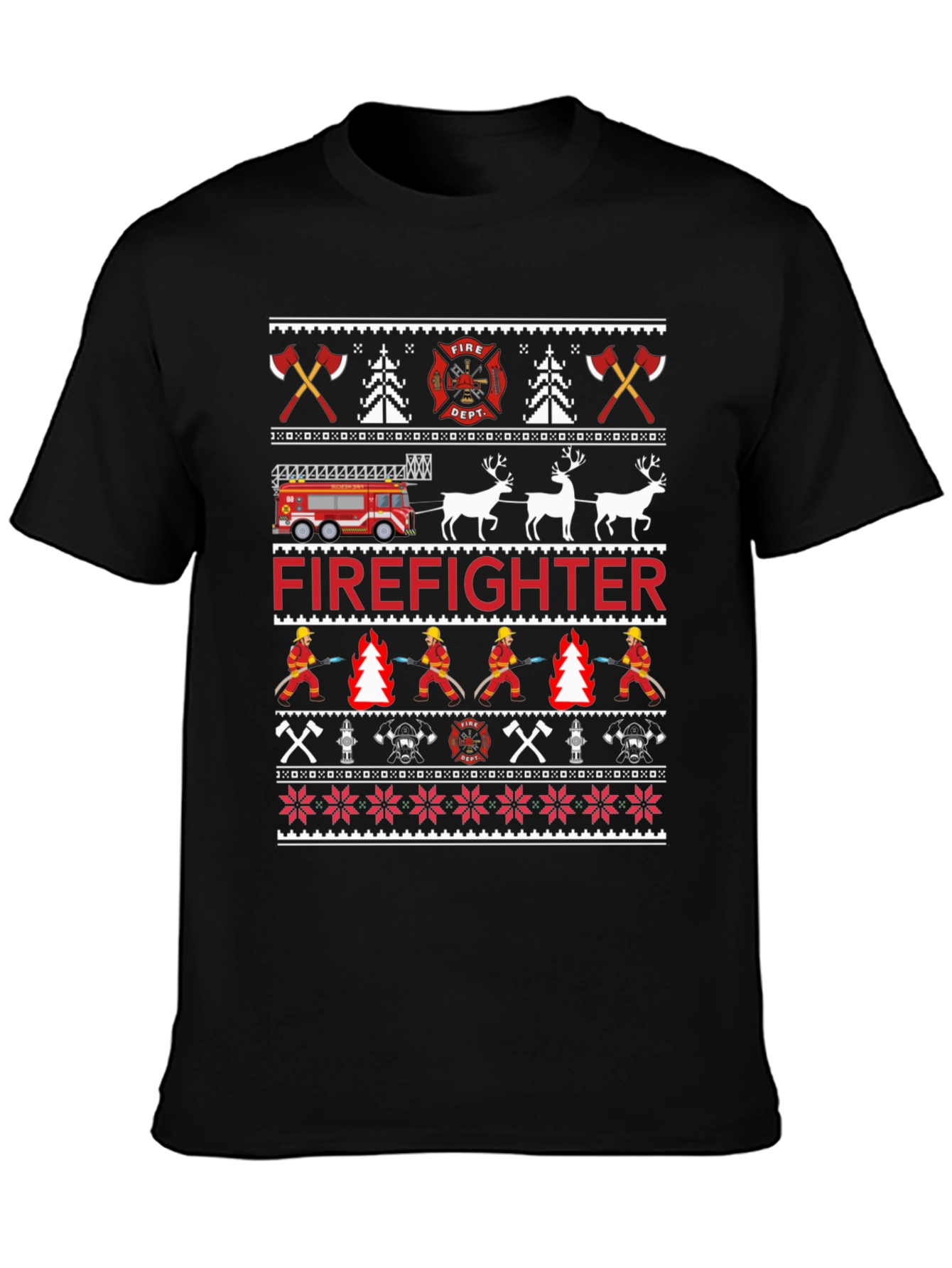 Firefighter Christmas Ugly Sweater Style T-Shirt