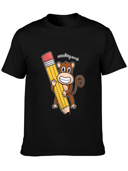 Monkey Art T-Shirt - Cartoon Monkey Holding Pencil