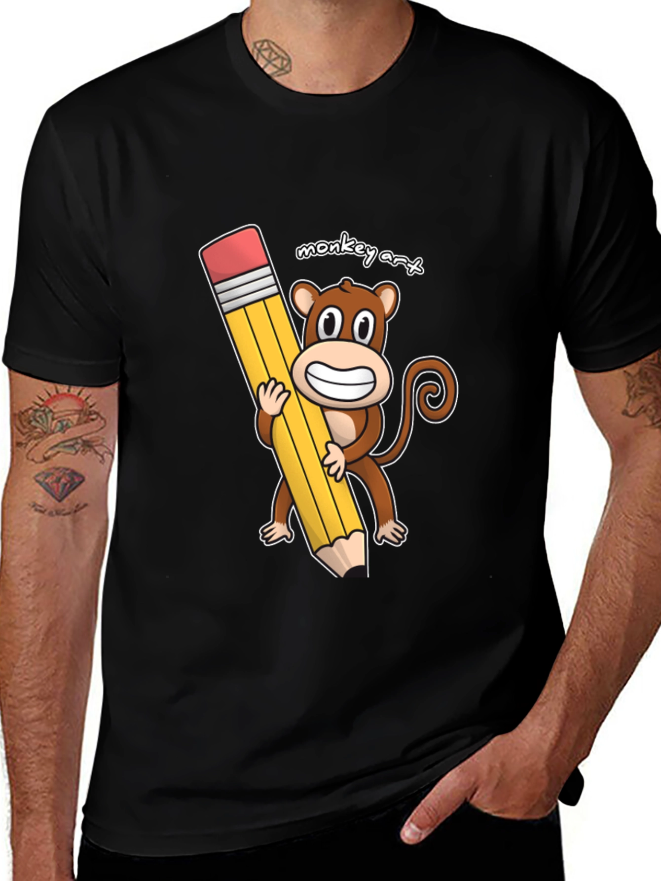 Monkey Art T-Shirt - Cartoon Monkey Holding Pencil