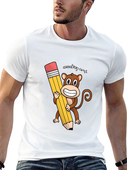 Monkey Art T-Shirt - Cartoon Monkey Holding Pencil