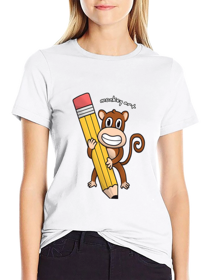 Monkey Art T-Shirt - Cartoon Monkey Holding Pencil