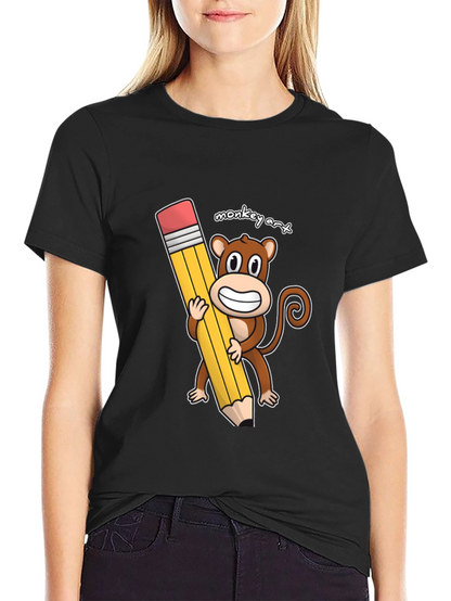 Monkey Art T-Shirt - Cartoon Monkey Holding Pencil