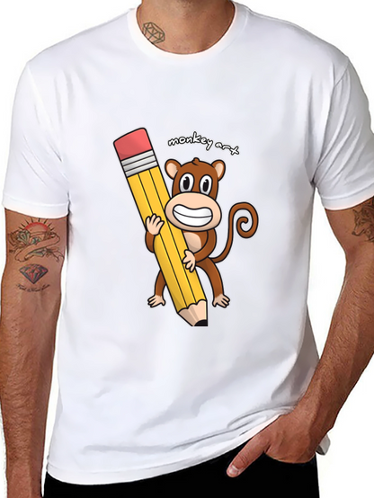Monkey Art T-Shirt - Cartoon Monkey Holding Pencil