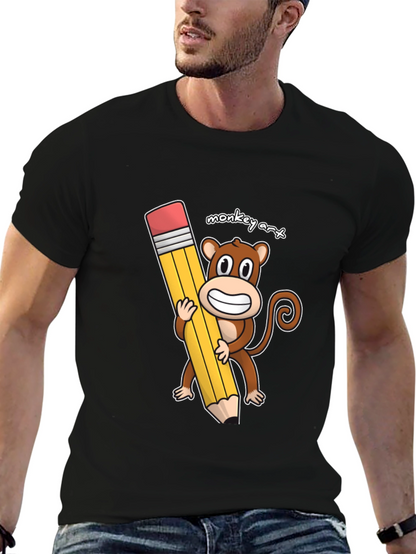 Monkey Art T-Shirt - Cartoon Monkey Holding Pencil