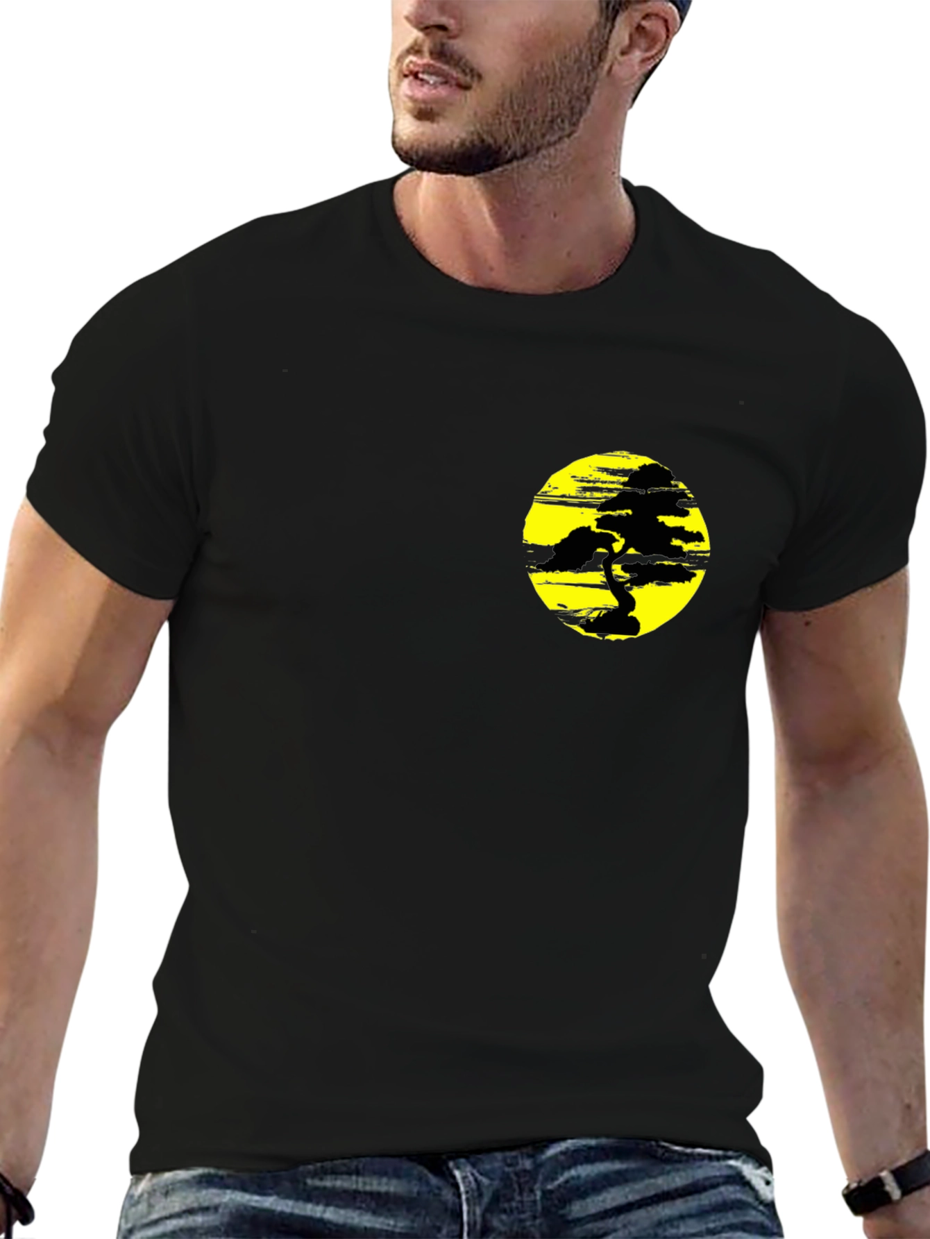 Black T-Shirt with Yellow Bonsai Graphic