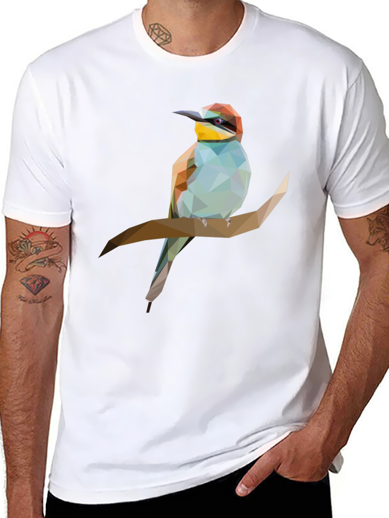 Geometric Bird on Branch Graphic Tee - Black