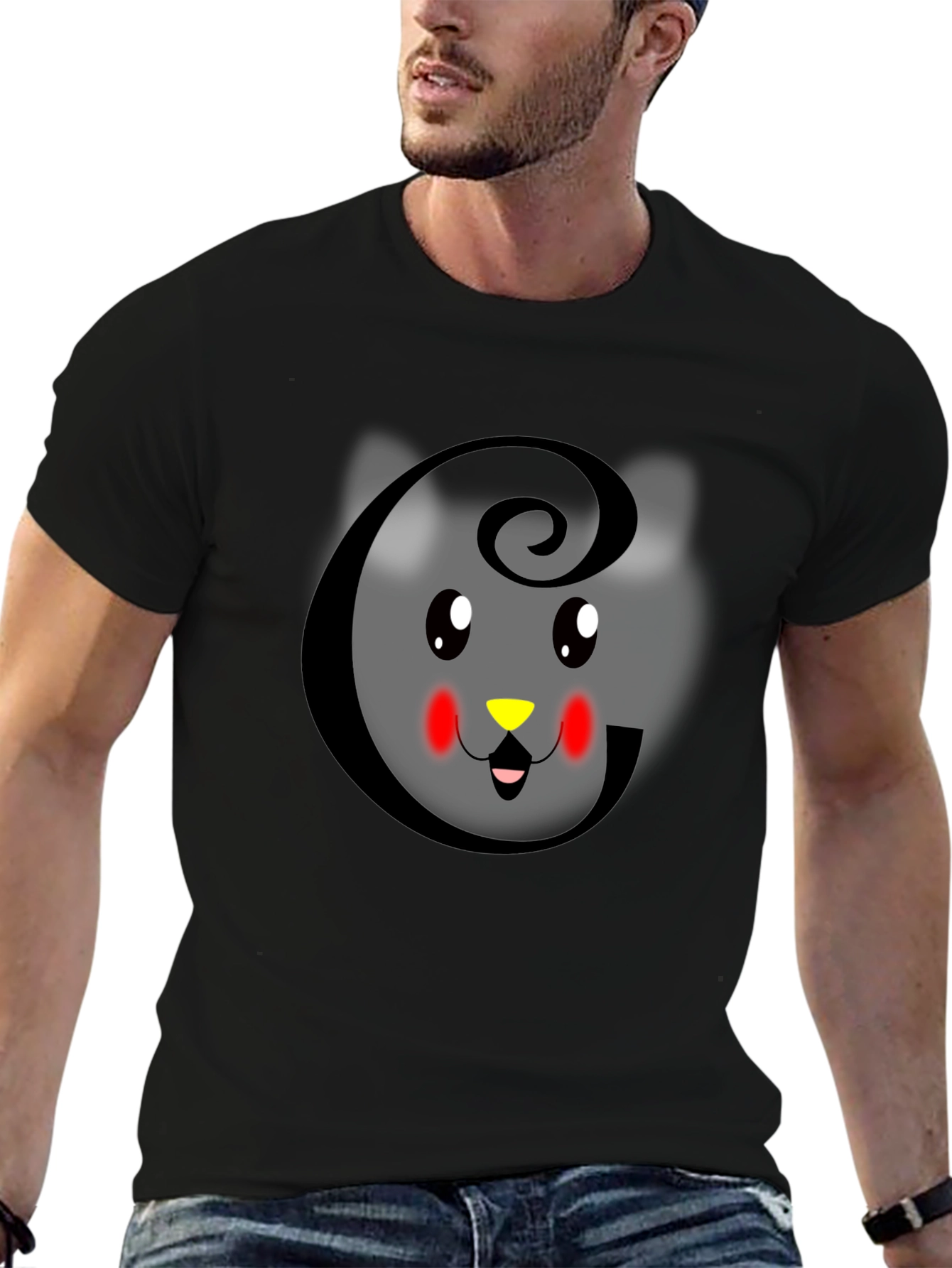Cute Cat Initial G Black T-Shirt