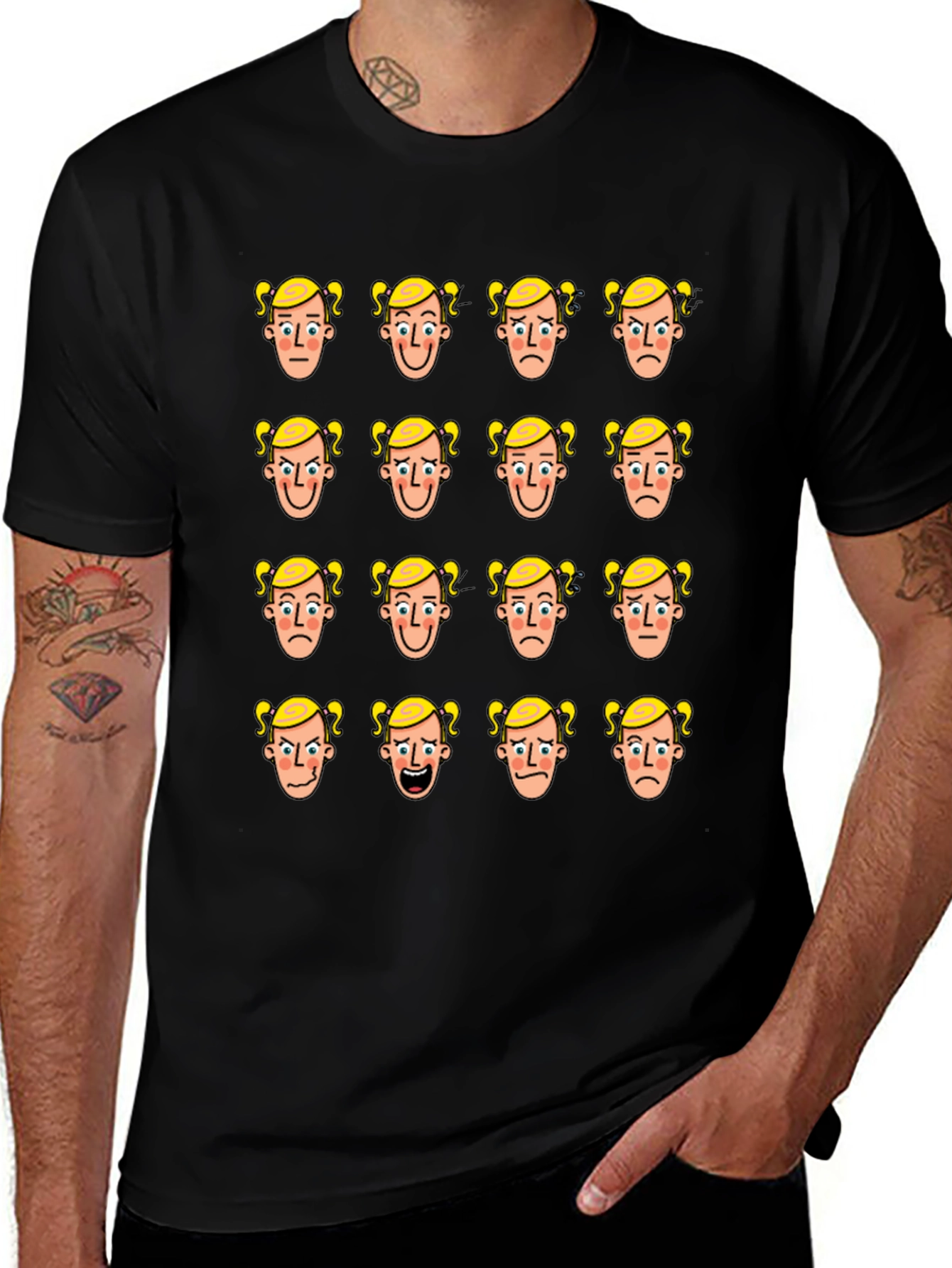 Emotional Faces Graphic Print Black T-Shirt