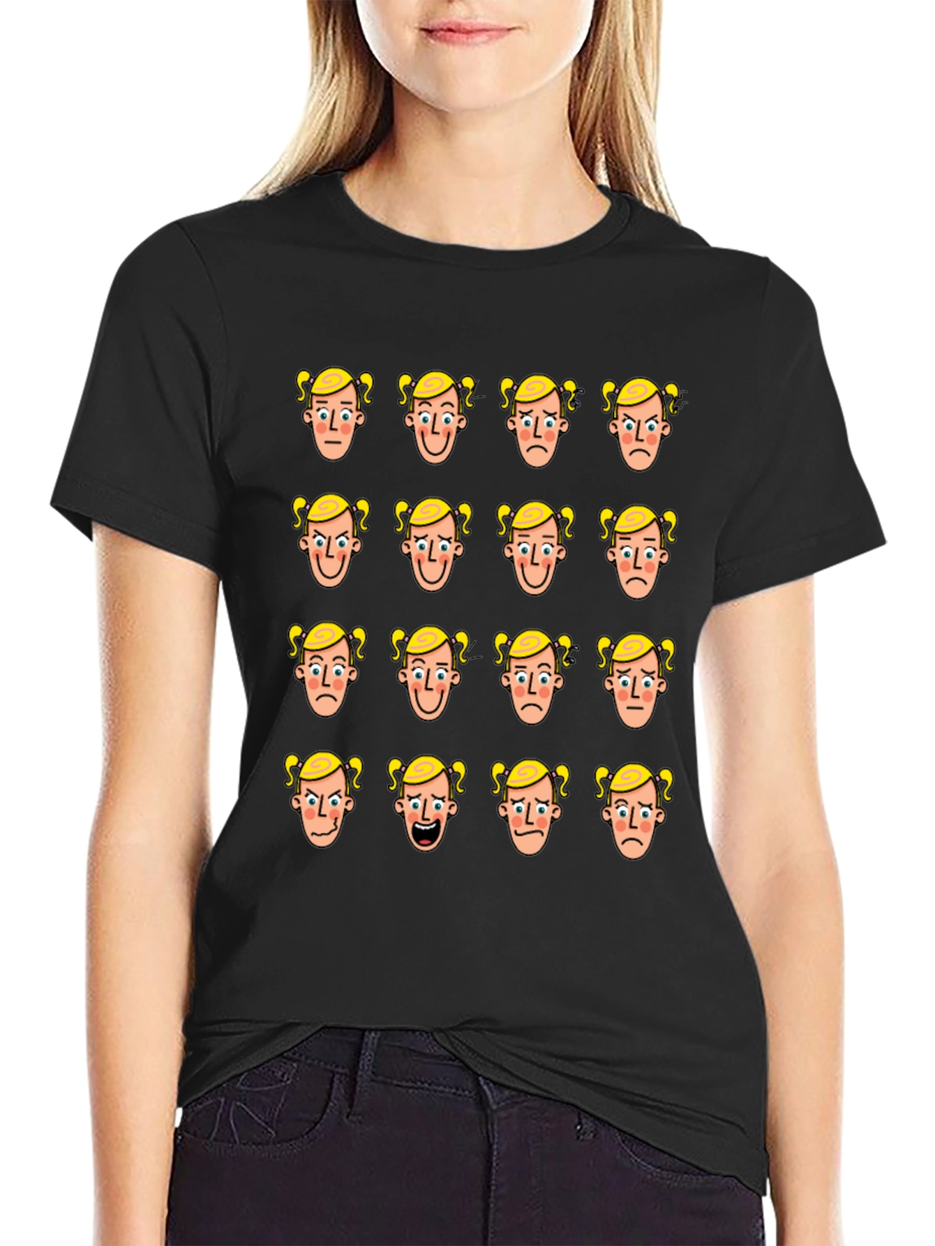 Emotional Faces Graphic Print Black T-Shirt