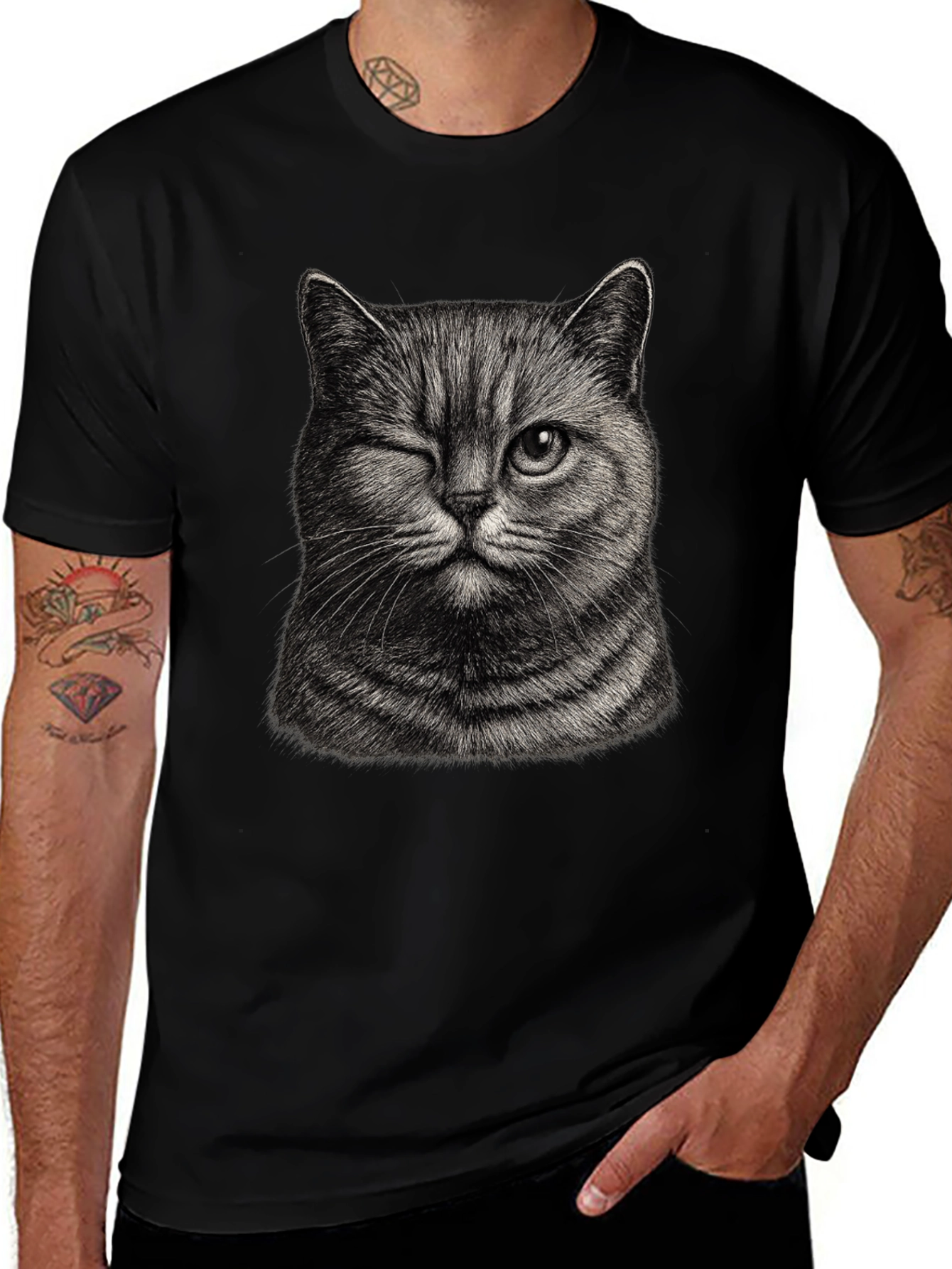 Winking Cat Graphic Tee - Mens Black T-Shirt