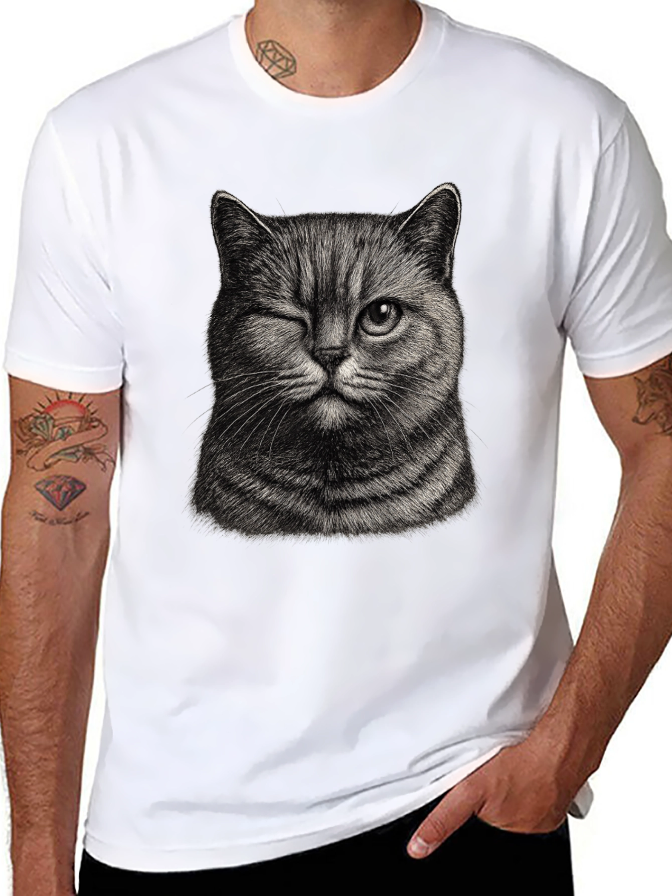 Winking Cat Graphic Tee - Mens Black T-Shirt