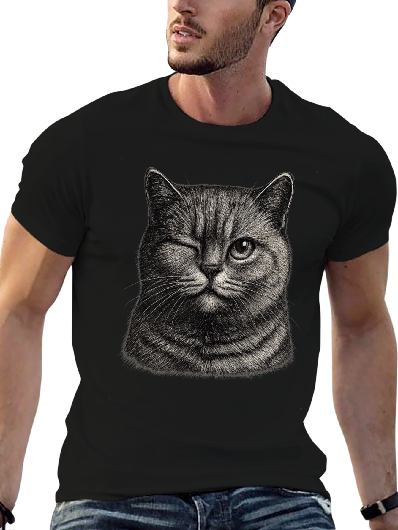 Winking Cat Graphic Tee - Mens Black T-Shirt