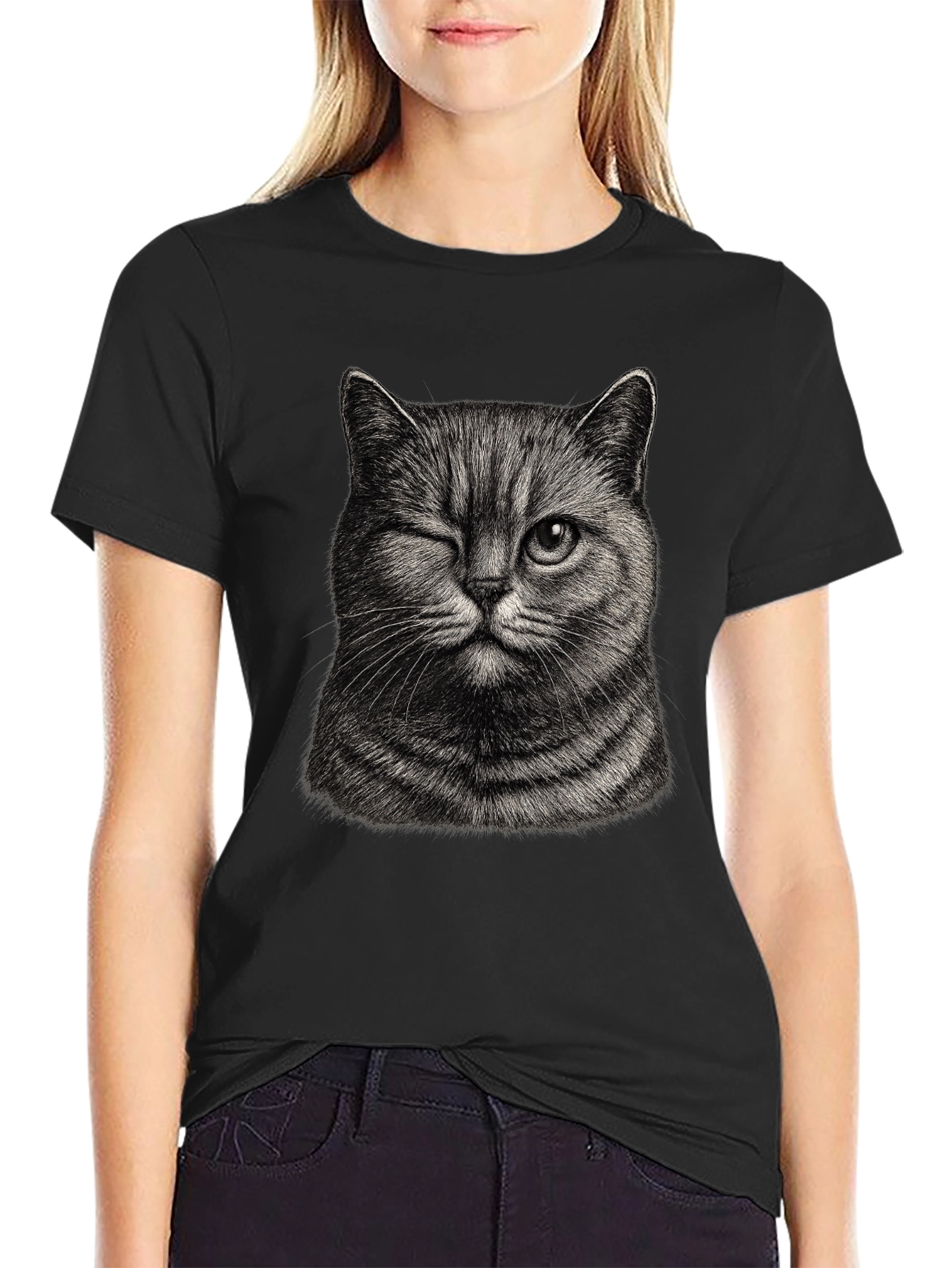 Winking Cat Graphic Tee - Mens Black T-Shirt