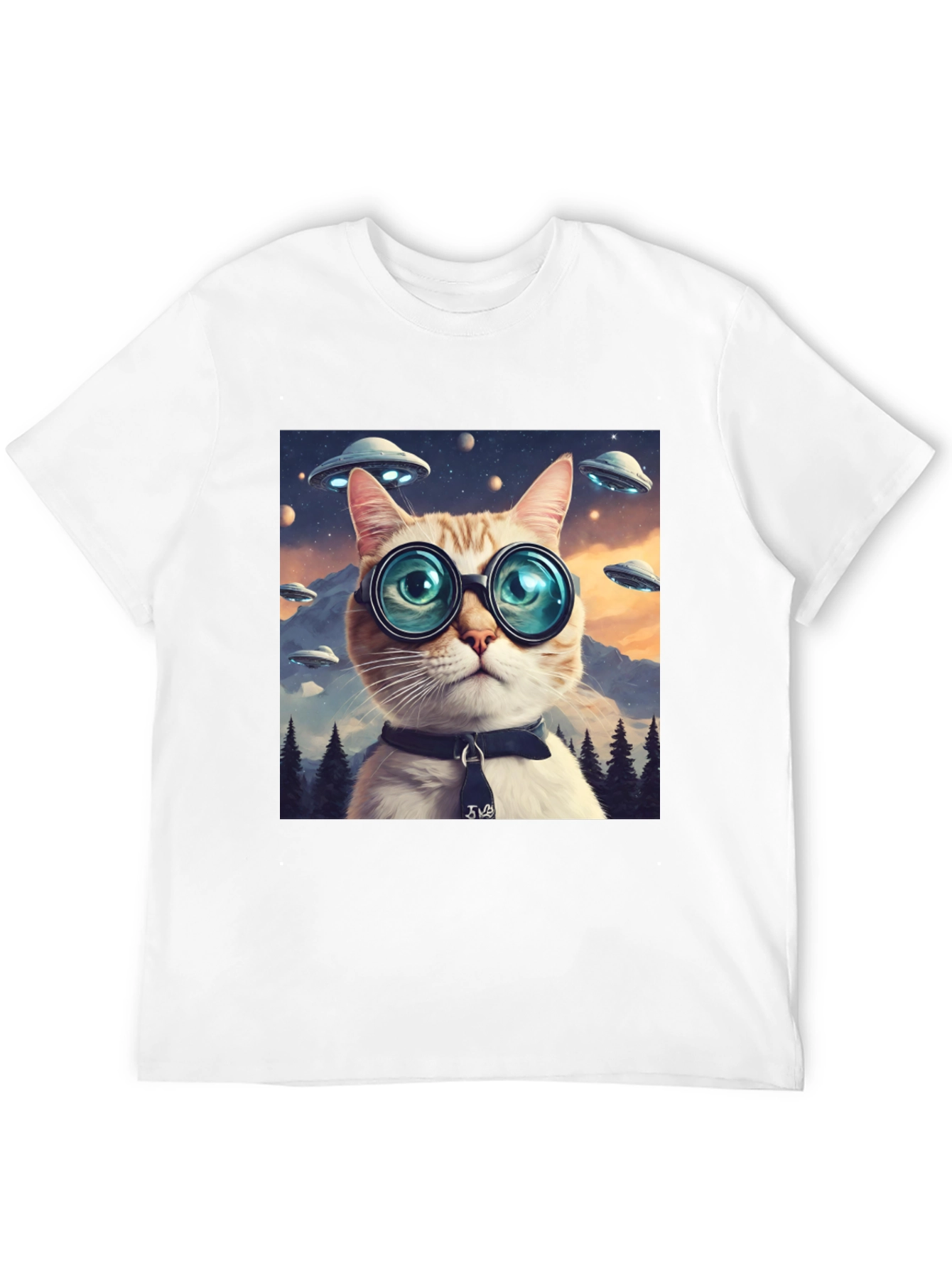 Cosmic Cat T-Shirt - UFOs and Glasses