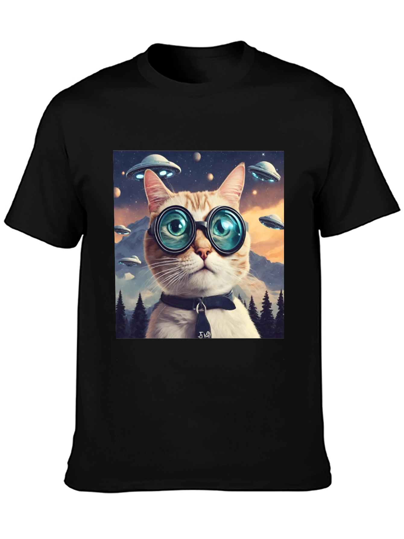 Cosmic Cat T-Shirt - UFOs and Glasses