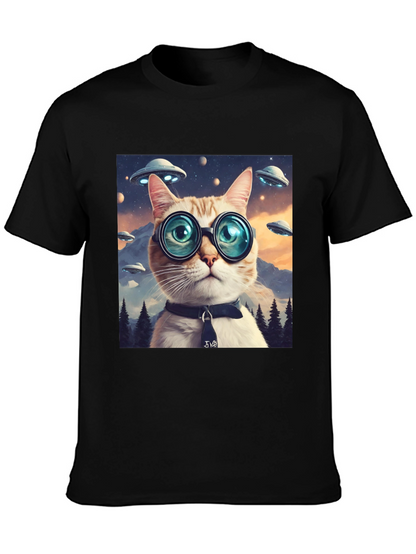 Cosmic Cat T-Shirt - UFOs and Glasses
